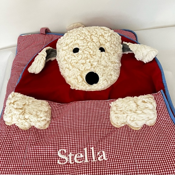Pottery Barn Kids Red White Blue Gingham Sleeping Bag Shaggy Dog Pup Checkers - Picture 11 of 16